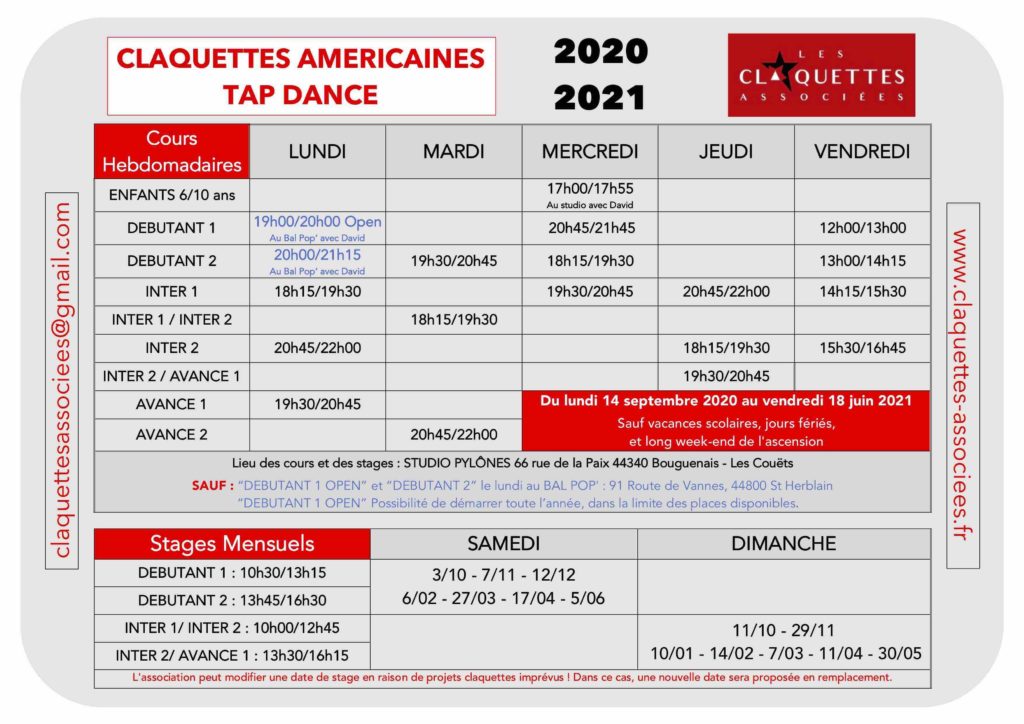 Planning des cours hebdomadaires et stages mensuels-Saison 2020/2021-Les claquettes associées-Nantes