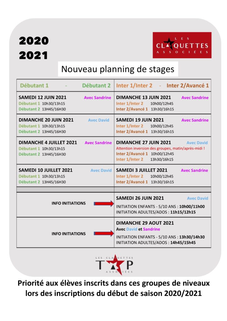 STAGES nouveau planning reprise juin - juillet 2021 - saison 2020/2021-les claquettes associées-Nantes