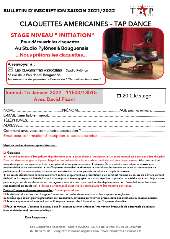 Bulletin d'inscription, initiation Tap Dance-15/01/2022-Les claquettes associées-Nantes