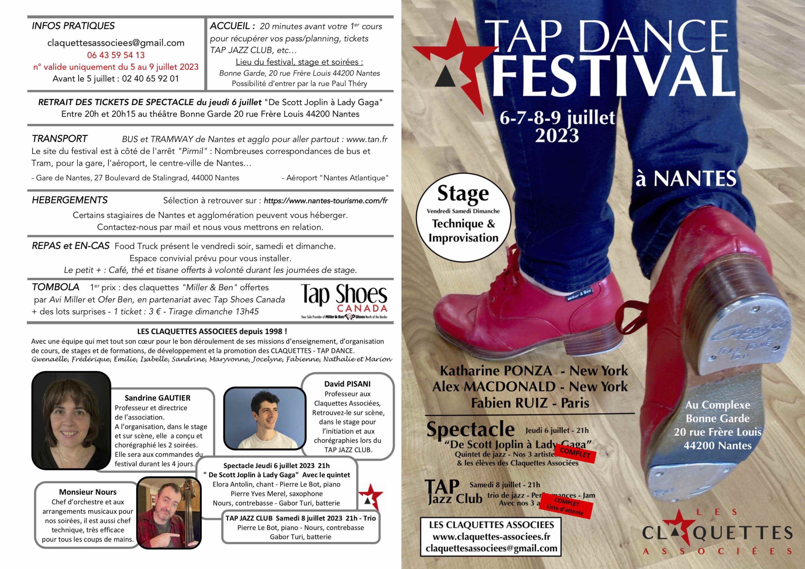 Infos pratiques-Tap Dance festival du 6 au 9 juillet 2023 à Nantes organisé par les claquettes associées-Attention Club du 8 juillet complet