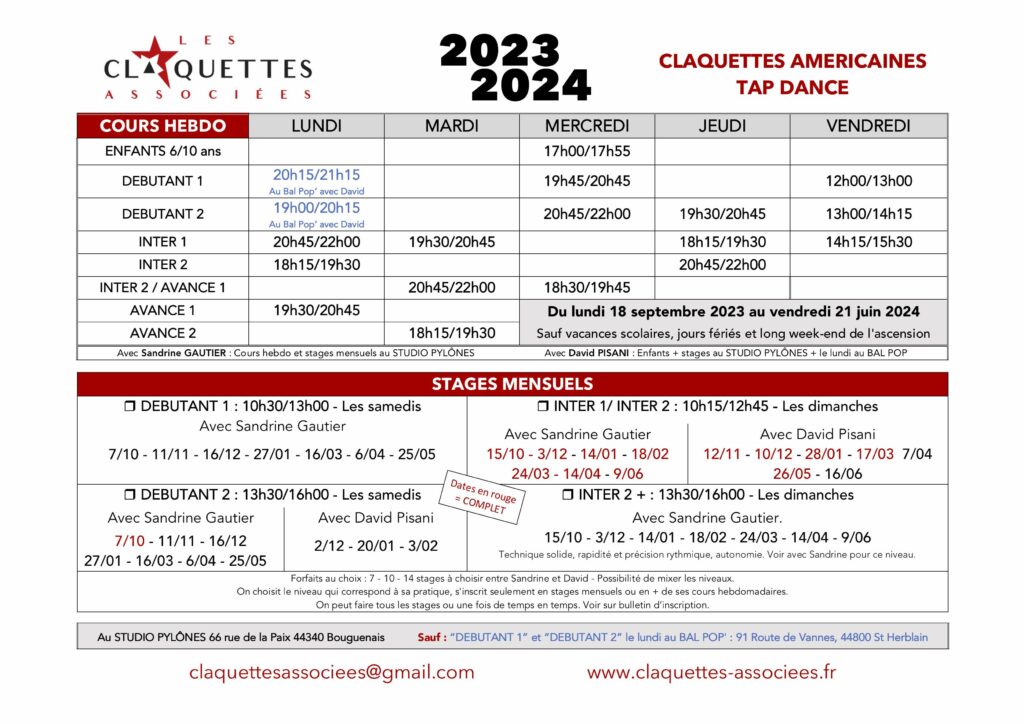 Cours hebdo et stages mensuels-Planning Saison 2023/2024-Les claquettes associées-Nantes