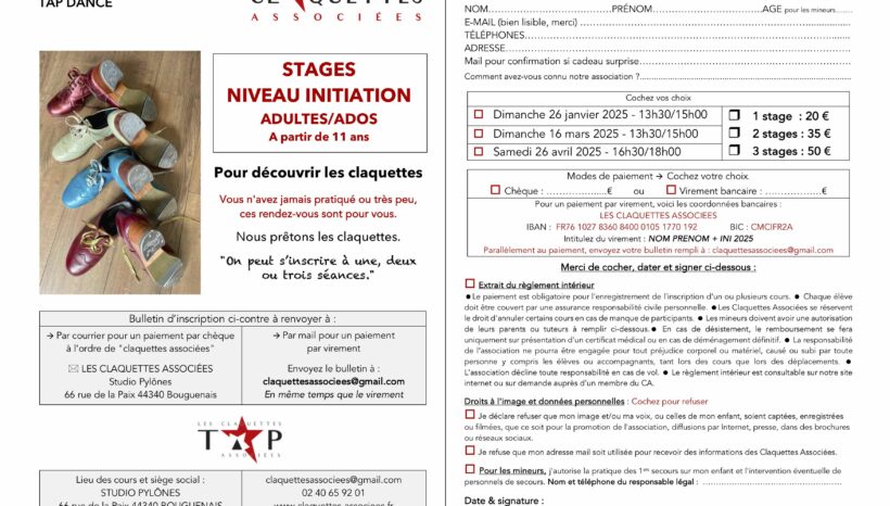 Stages d’initiation en mars et avril 2025 (Janvier complet)