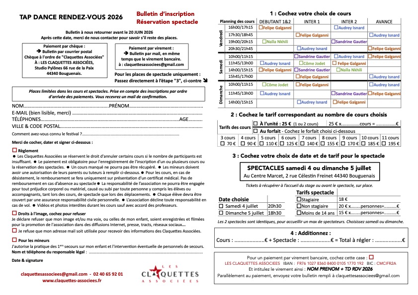 Bulletin inscription Tap dance Rendez-Vous 2026-Les claquettes associées